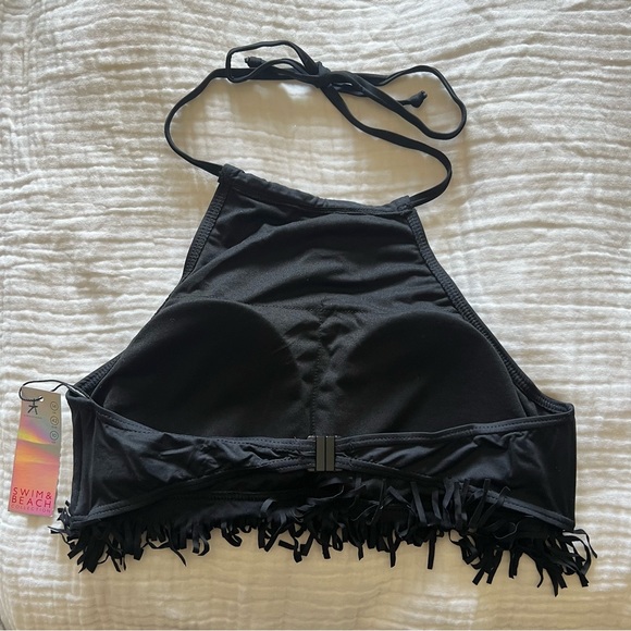 Black High Neck Bikini Top with Fringe. - Picture 2 of 6
